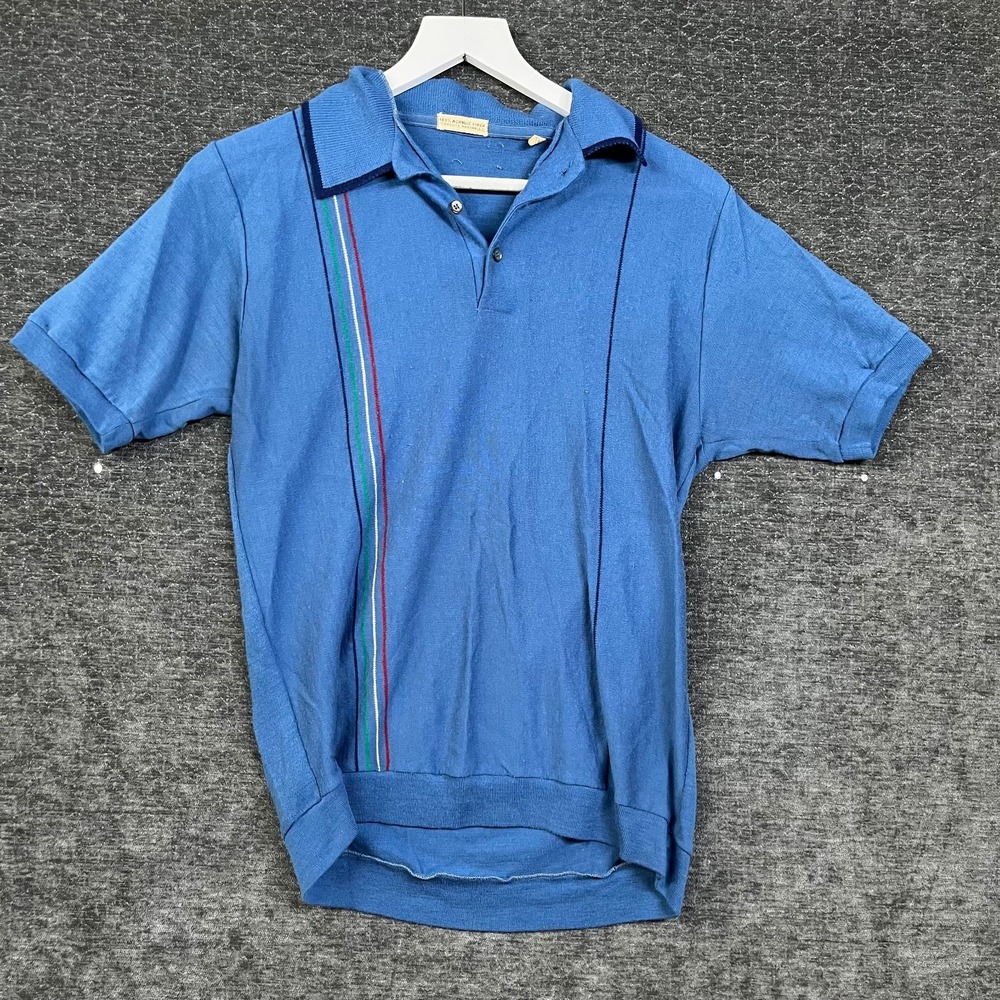 Vintage Men's Polo Shirt Blue Acrylic Striped Short Sleeve Classic - Medium